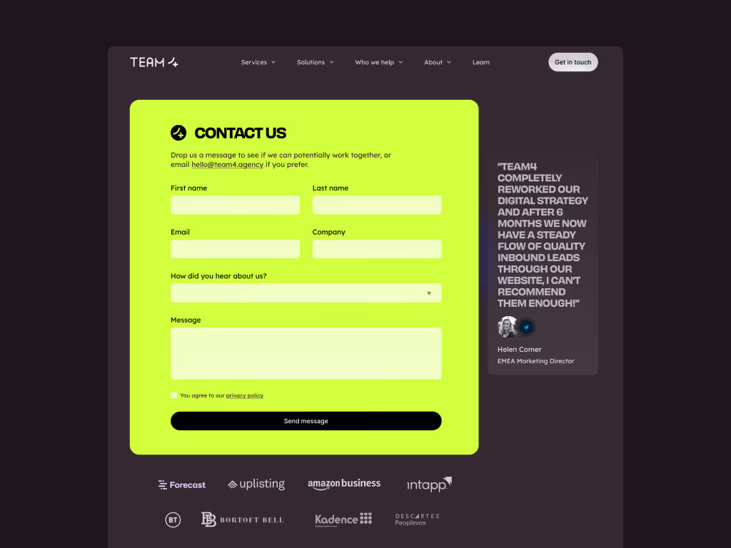 The Contact us page on the Team 4 site