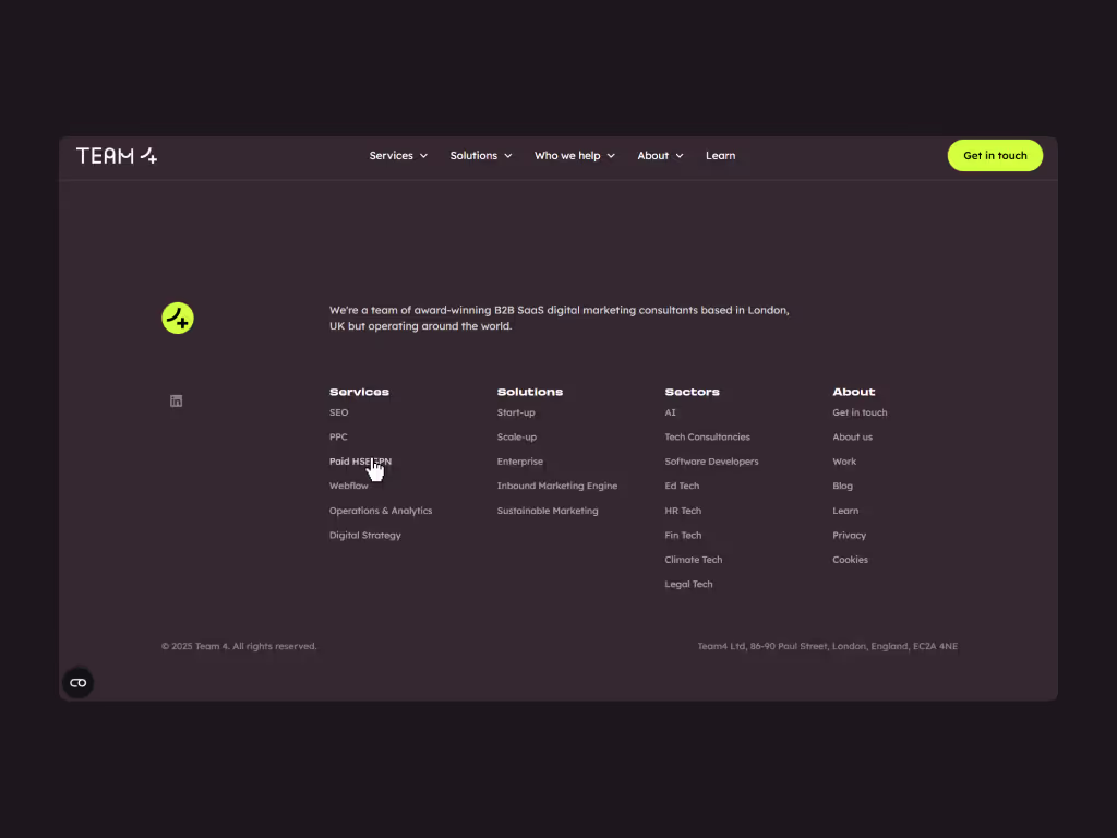 The footer on the Team 4 website