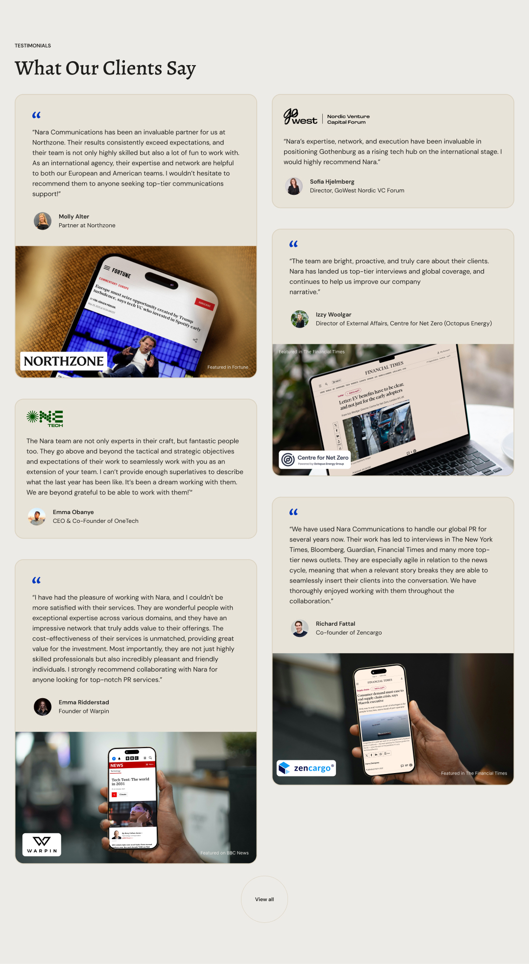 Screenshot of testimonials section on Nara Communications Clients page.